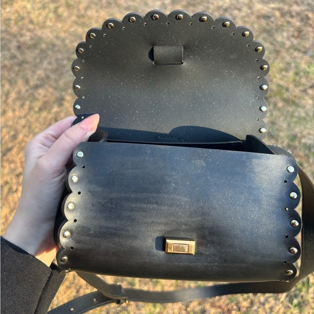 Furla Black Scalloped Leather Crossbody Bag with Gold‎ Hardware